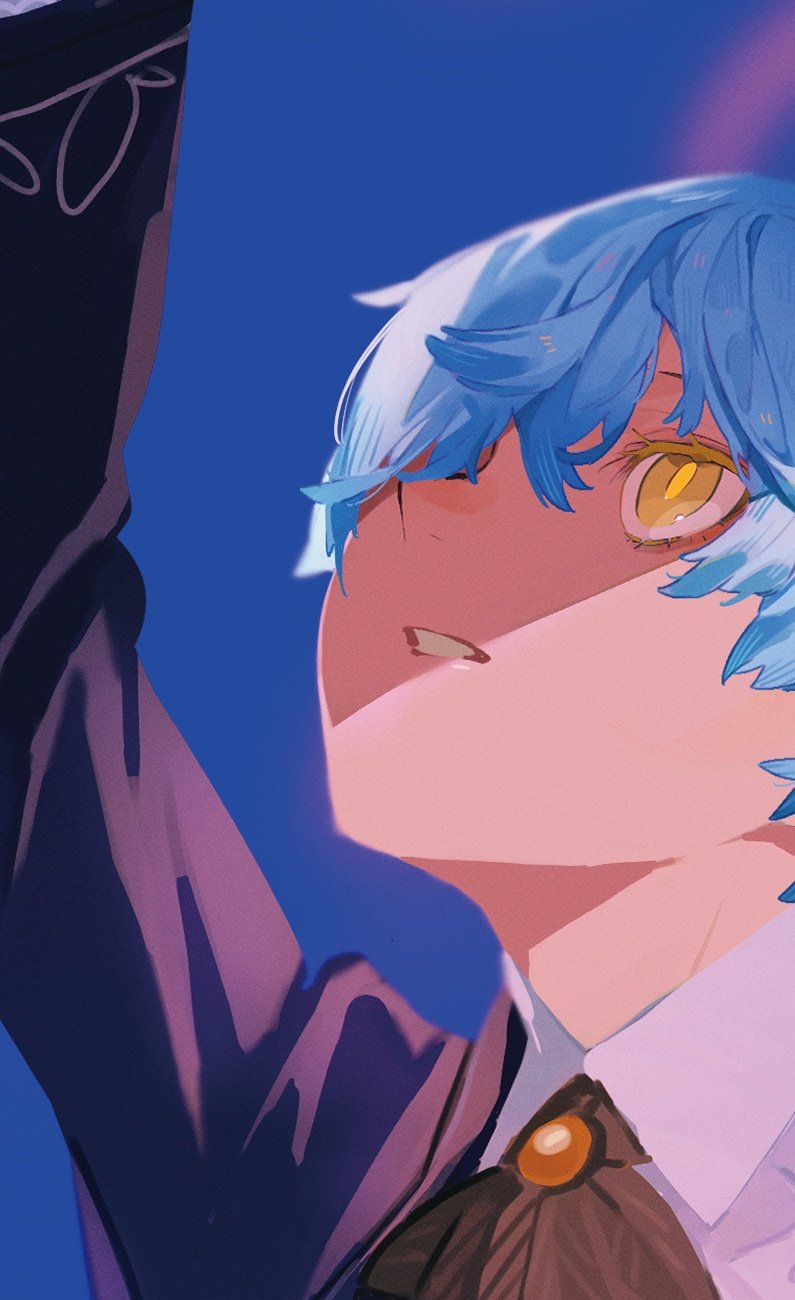 1girl, angela_(project_moon), ascot, black_ascot, blue_hair, brooch, collared_shirt, commentary_request