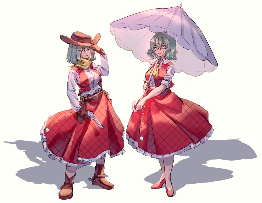 ascot, belt, boots, brown_footwear, collared_shirt, cowboy_hat, cowboy_western, dual_persona, frilled_skirt, frills, gloves, green_hair, gun, handgun, hat, high_heels, highres, kazami_yuuka, long_skirt, long_sleeves, neckerchief, parasol, plaid, plaid_skirt, plaid_vest, red_eyes, red_footwear, red_skirt, red_vest, shirt, short_hair, shouxishao_jiuyuan, skirt, skirt_set, touhou, umbrella, vest, weapon, white_shirt, yellow_ascot