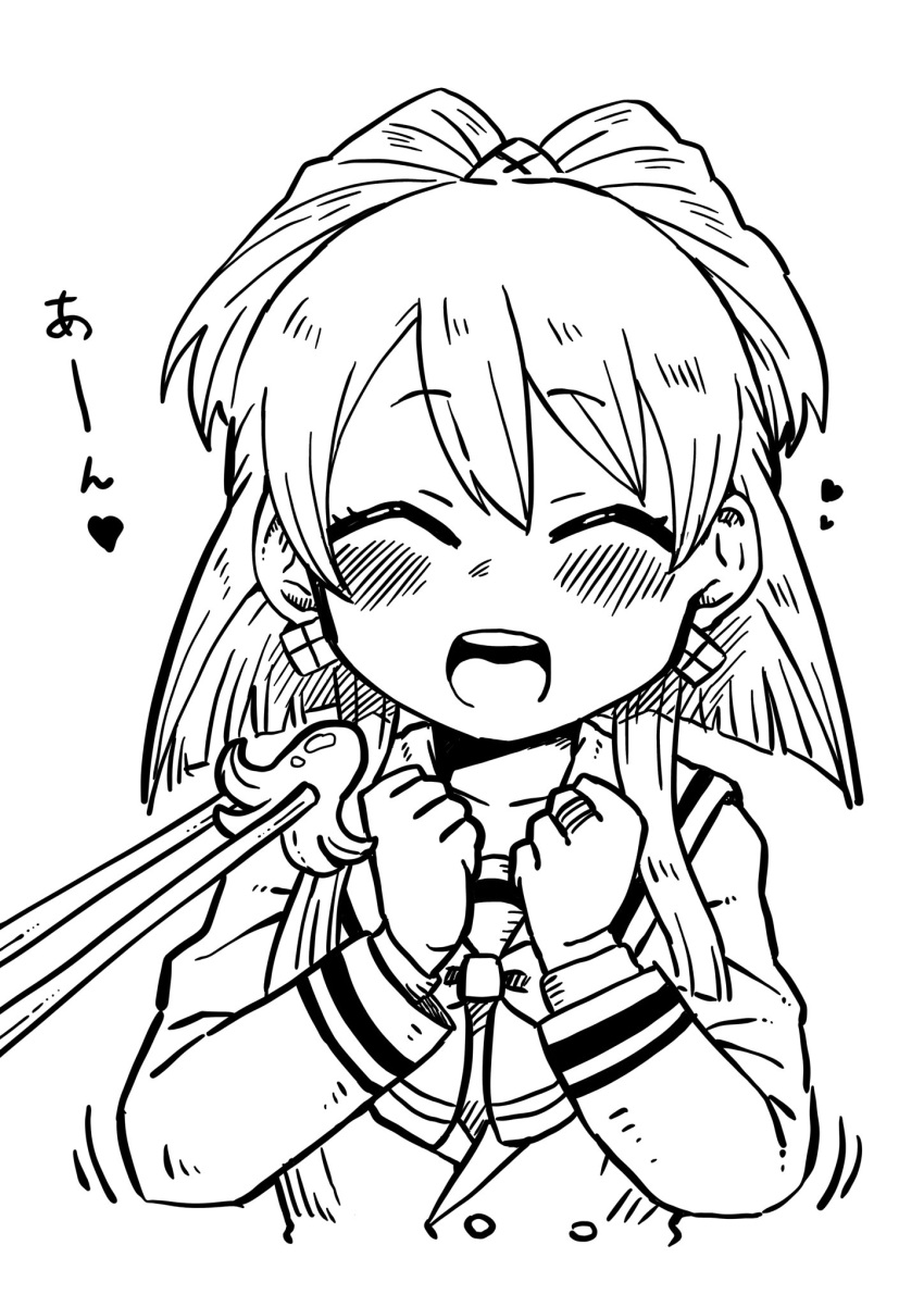 1girl, :d, aika_himena, blazer, blunt_ends, blush, bow, bowtie, buttons, chopsticks, clenched_hands, closed_eyes, cropped_torso, earrings, food, food_art, greyscale, hair_between_eyes, half_updo, hands_up, hatching_(texture), heart, highres, incoming_food, jacket, jewelry, kamihama_future_academy_school_uniform, layered_sleeves, long_sleeves, magia_record:_mahou_shoujo_madoka_magica_gaiden, mahou_shoujo_madoka_magica, monochrome, no_nose, open_mouth, ring, sailor_collar, sailor_jacket, school_uniform, short_hair, smile, solo, tako-san_wiener, upper_body, white_background, youichi82880400