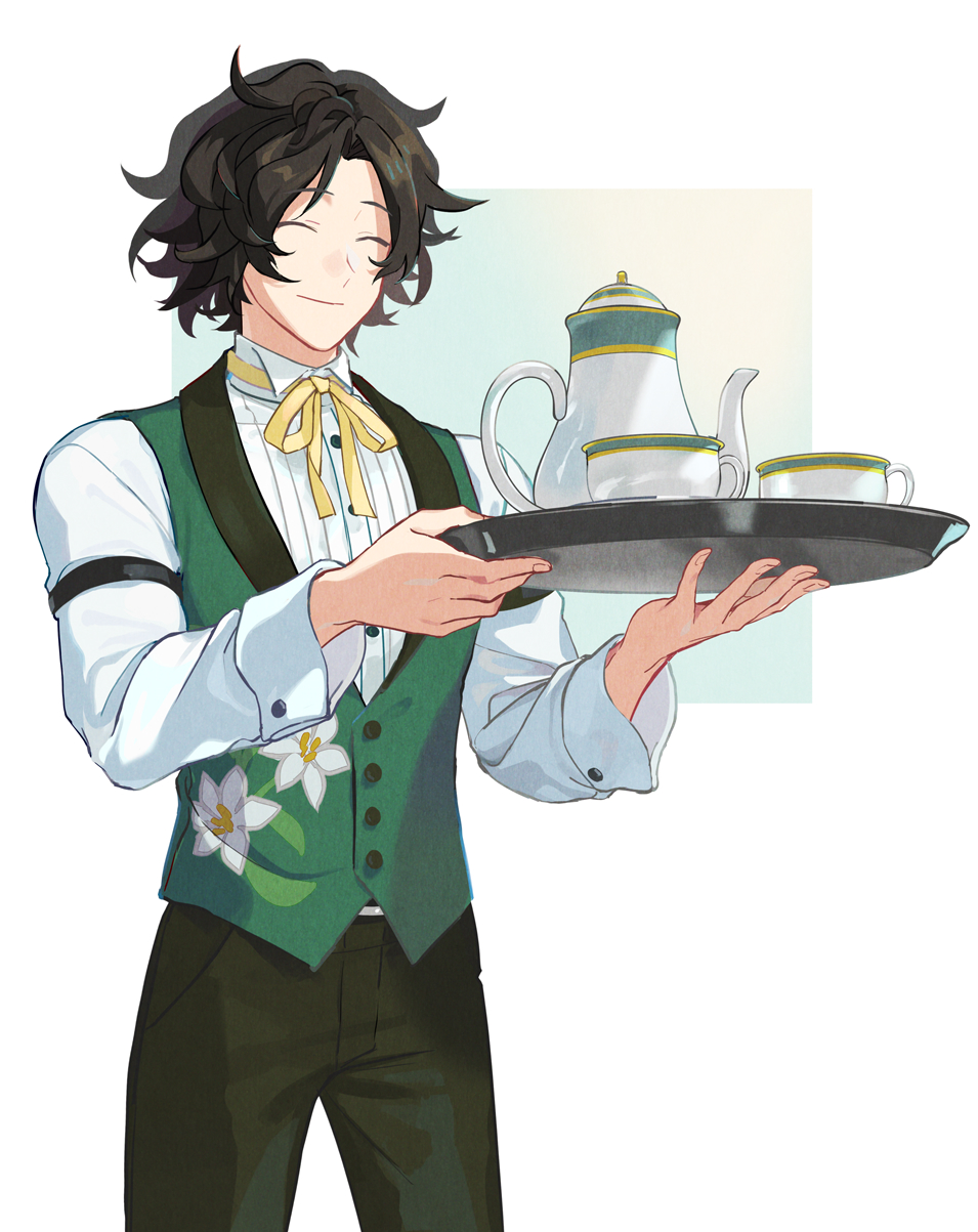 1boy, ^_^, black_hair, black_pants, closed_eyes, commentary_request, cowboy_shot, cup