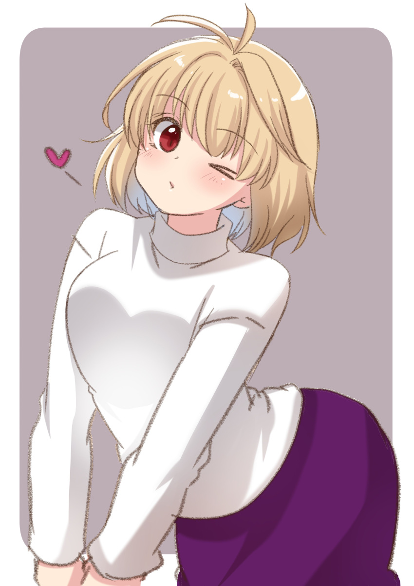 1girl, absurdres, antenna_hair, arcueid_brunestud, blonde_hair, blowing_kiss, blush, commentary_request