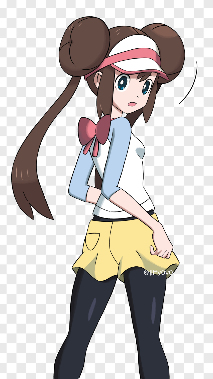1girl, absurdres, black_pantyhose, blue_eyes, bow, breasts, brown_hair, checkered_background, double_bun, doughnut_hair_bun, hair_bun, highres, jiffy0v0, legwear_under_shorts, long_hair, looking_back, mixed-language_commentary, open_mouth, pantyhose, pink_bow, pokemon, pokemon_(game), pokemon_bw2, raglan_sleeves, rosa_(pokemon), shirt, short_shorts, shorts, solo, twintails, visor_cap, watermark, yellow_shorts
