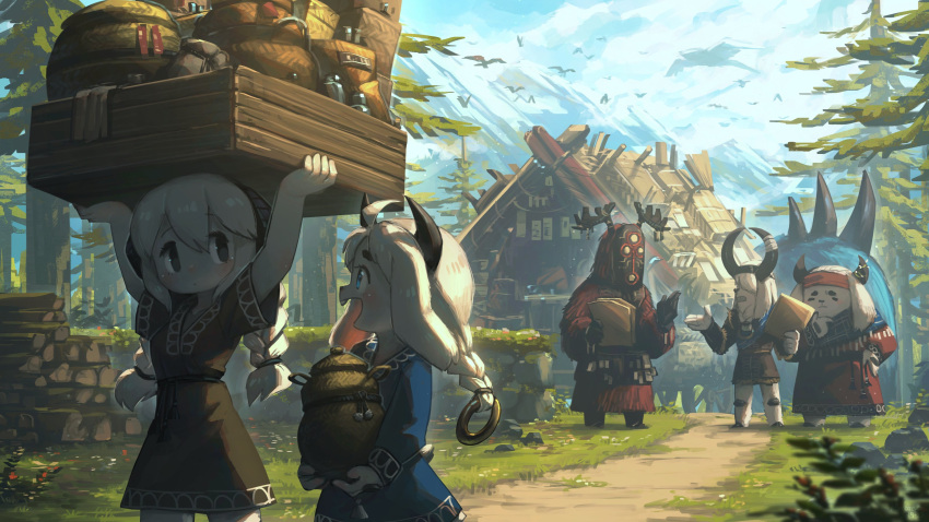 1boy, 1other, 3girls, absurdres, ahoge, animal_ears, beard, bird