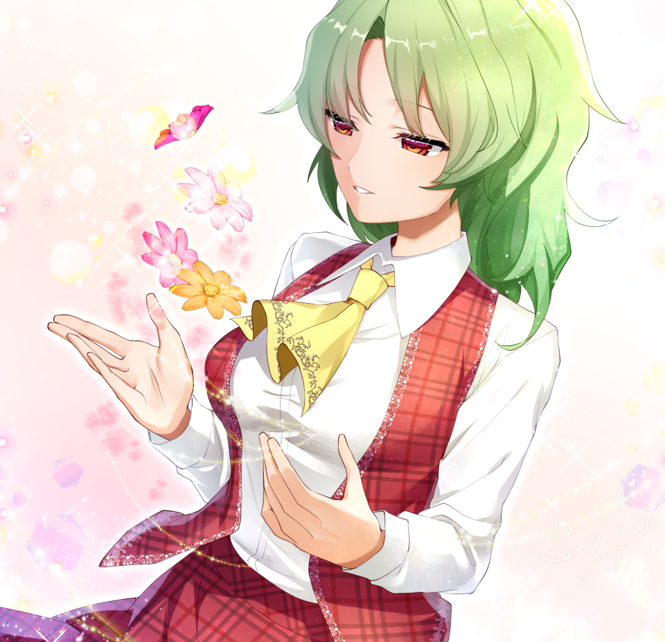 1girl, ascot, collared_shirt, commentary_request, floating, floating_object, flower, green_hair