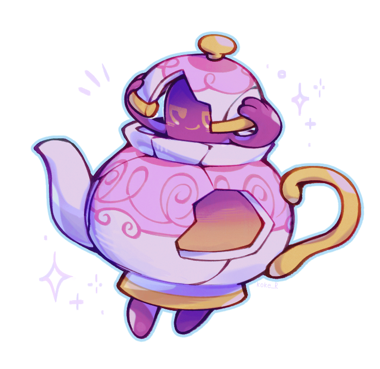alternate_color, arms_up, blush, closed_mouth, commentary_request, crack, full_body, kokemushi_(kuru_fox), looking_at_viewer, notice_lines, pokemon, pokemon_(creature), polteageist, shiny_pokemon, simple_background, smile, smirk, sparkle, teapot, white_background, yellow_eyes