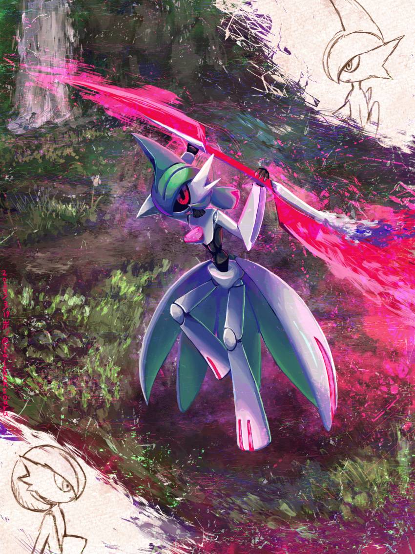 arms_up, black_sclera, colored_sclera, commentary_request, gallade, gardevoir, grass, highres, holding, holding_weapon, iron_valiant, leg_up, partially_colored, pokemon, pokemon_(creature), red_eyes, standing, standing_on_one_leg, tanso1919, weapon