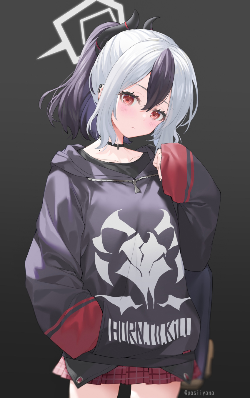 1girl, absurdres, black_choker, black_hair, black_hoodie, blue_archive, choker, dark_background