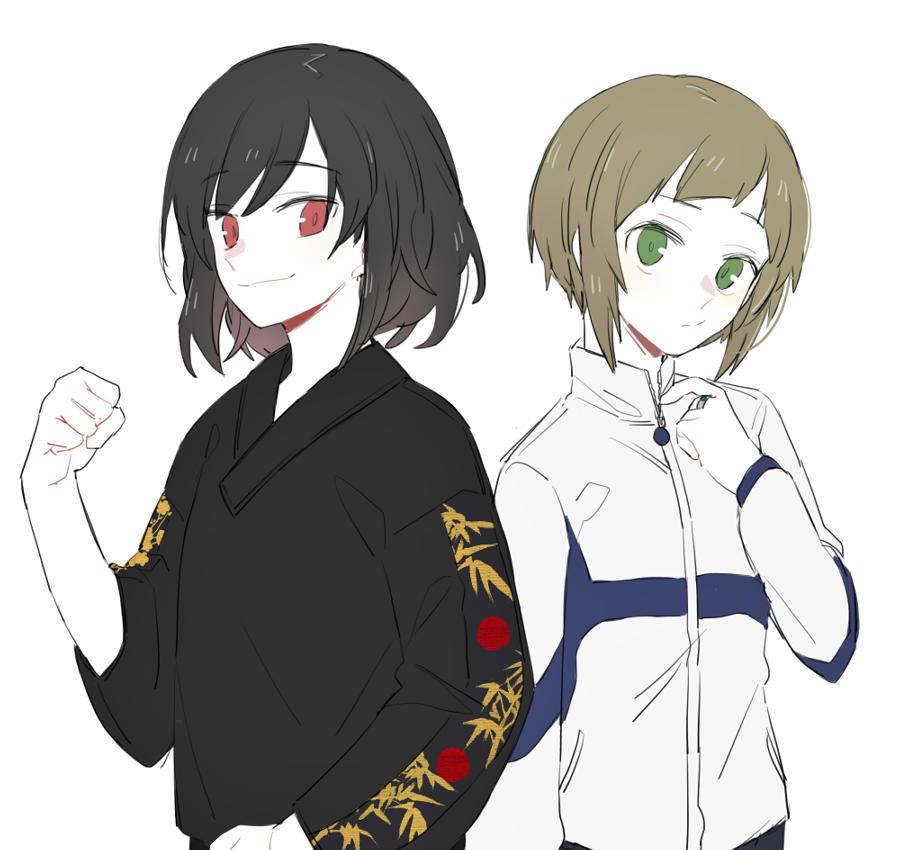 2girls, alternate_costume, an_sin, arm_at_side, black_hair, blunt_bangs, clenched_hand, collared_jacket, diagonal_bangs, expressionless, green_eyes, green_hair, hand_up, jacket, jewelry, leaf_print, long_sleeves, looking_at_viewer, magia_record:_mahou_shoujo_madoka_magica_gaiden, mahou_shoujo_madoka_magica, medium_hair, multiple_girls, natsu_ryouko, red_eyes, ring, short_bangs, short_hair, simple_background, smile, suzuka_sakuya, swept_bangs, track_jacket, upper_body, white_background, white_jacket, zipper