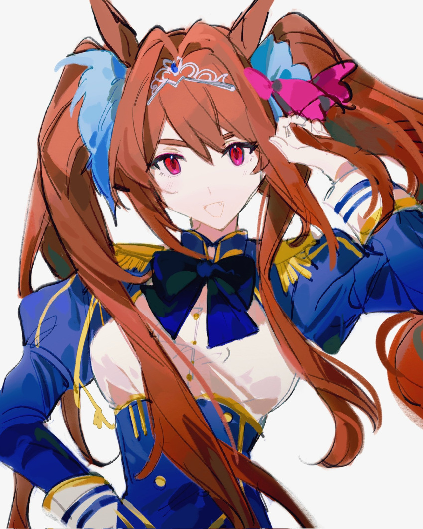 1girl, animal_ears, arm_up, blue_bow, blue_jacket, bow, breasts, brown_hair