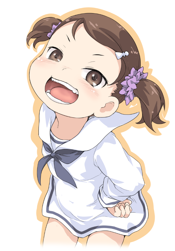 1girl, :d, becky_blackbell, blue_neckerchief, blush, brown_eyes, brown_hair, brown_pupils