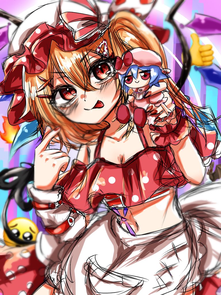 :p, blonde_hair, blue_hair, bonnet, bow, drawing, flandre_scarlet, fumo