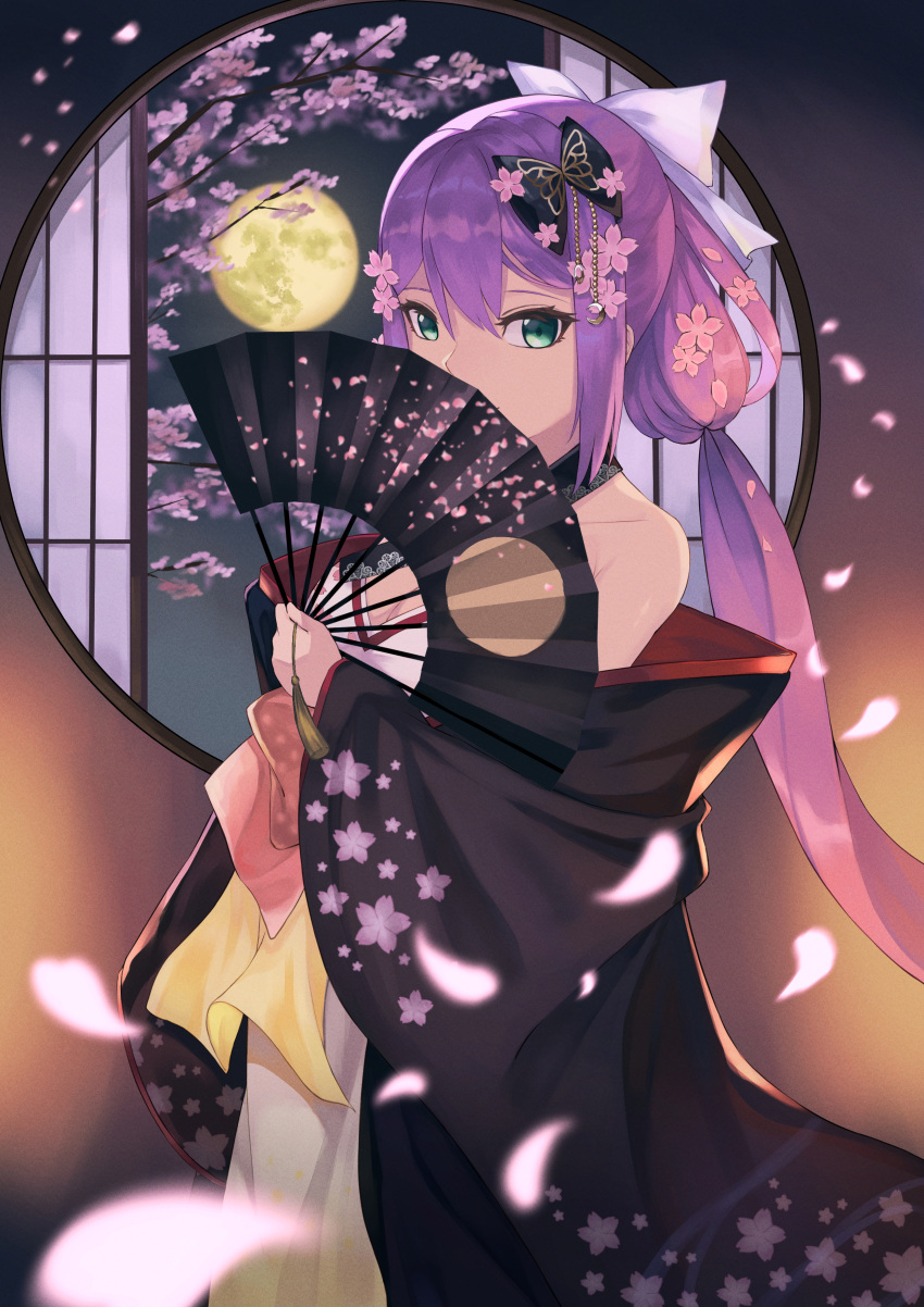 1girl, absurdres, animal_print, architecture, bare_shoulders, black_bow, black_kimono, bow