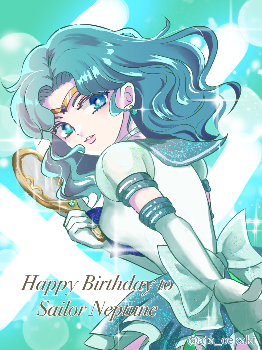 1girl, aqua_eyes, aqua_hair, aqua_theme, ata129, back_bow, bishoujo_senshi_sailor_moon, blue_bow, bow, choker, circlet, cowboy_shot, deep_aqua_mirror, earrings, elbow_gloves, gloves, green_bow, green_choker, green_sailor_collar, green_skirt, highres, holding, holding_mirror, jewelry, kaiou_michiru, layered_skirt, light_particles, looking_at_viewer, looking_back, magical_girl, medium_hair, mirror, neptune_symbol, outstretched_hand, parted_bangs, puffy_sleeves, sailor_collar, sailor_neptune, sailor_senshi_uniform, see-through, see-through_sleeves, shiny_clothes, skirt, solo, sparkle, standing, star_(symbol), star_earrings, super_sailor_neptune_(stars), twitter_username, white_gloves