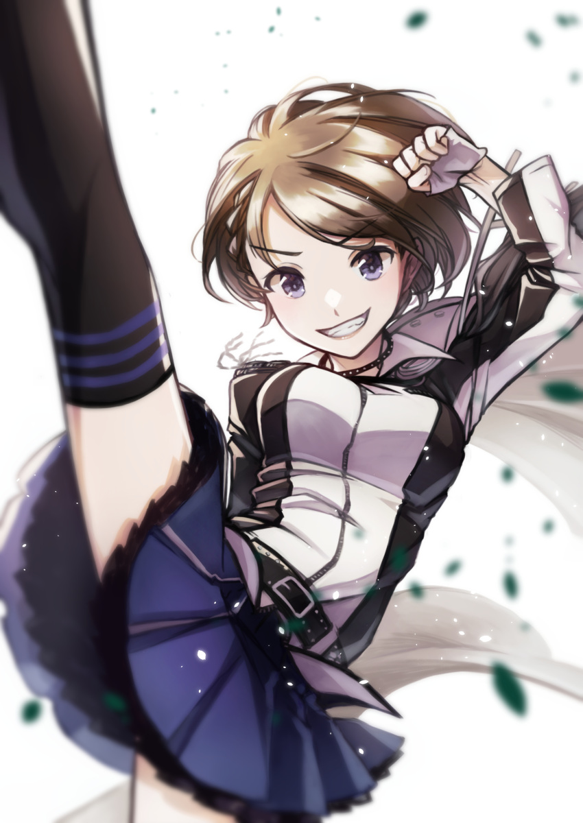 1girl, absurdres, black_jacket, black_thighhighs, blue_eyes, blue_skirt, blurry, braid, brown_hair, fingerless_gloves, floating_hair, frilled_skirt, frills, gloves, grin, highres, jacket, leg_up, looking_at_viewer, minase_suzu, miniskirt, multicolored_clothes, multicolored_jacket, short_hair, shoujo_kageki_revue_starlight, shoujo_kageki_revue_starlight_-re_live-, skirt, smile, solo, standing, tareko, thigh-highs, two-tone_jacket, v-shaped_eyebrows, white_background, white_gloves, white_jacket