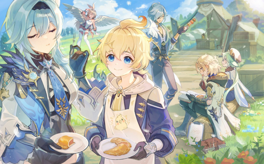 3boys, 3girls, :t, ahoge, albedo_(genshin_impact), amber_(100_outrider)_(genshin_impact), amber_(genshin_impact), apron