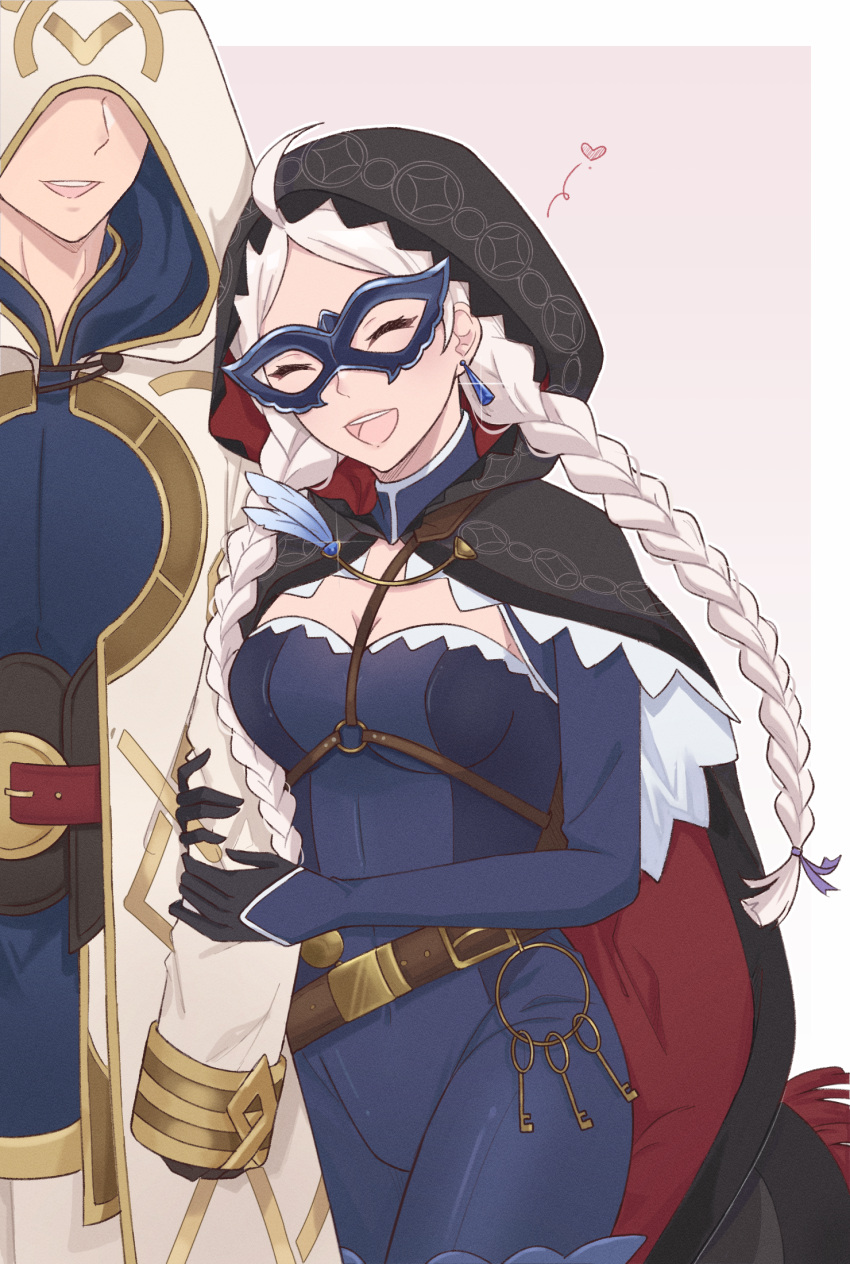 1boy, 1girl, ahoge, arm_hug, black_gloves, black_hood, blue_bodysuit, bodysuit, braid, breasts, chain, chest_harness, closed_eyes, commission, commissioner_upload, couple, crystal_earrings, earrings, eye_mask, faceless, faceless_male, feathers, fire_emblem, fire_emblem_fates, fire_emblem_heroes, gloves, gold_chain, hair_ribbon, harness, heart, hetero, highres, jewelry, key, keyring, kiran_(fire_emblem), kiran_(male)_(fire_emblem), leather_belt, long_hair, low_twin_braids, medium_breasts, nina_(fire_emblem), nina_(thief)_(fire_emblem), non-web_source, o-ring, official_alternate_costume, open_mouth, parted_bangs, ribbon, teeth, turtleneck, twin_braids, two-sided_fabric, upper_teeth_only, witchi