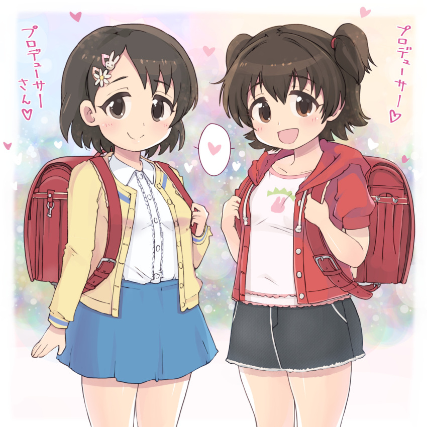 2girls, 4040_(abonriya), akagi_miria, backpack, bag, black_eyes, black_hair, brown_eyes