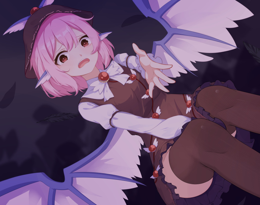 1girl, absurdres, animal_ears, bird_ears, bird_wings, brown_dress, brown_headwear, brown_thighhighs