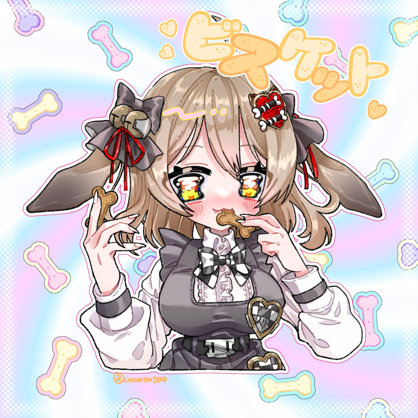 1girl, animal_ears, bell, belt, biscuit_(nikke), black_dress, blush, bone_hair_ornament