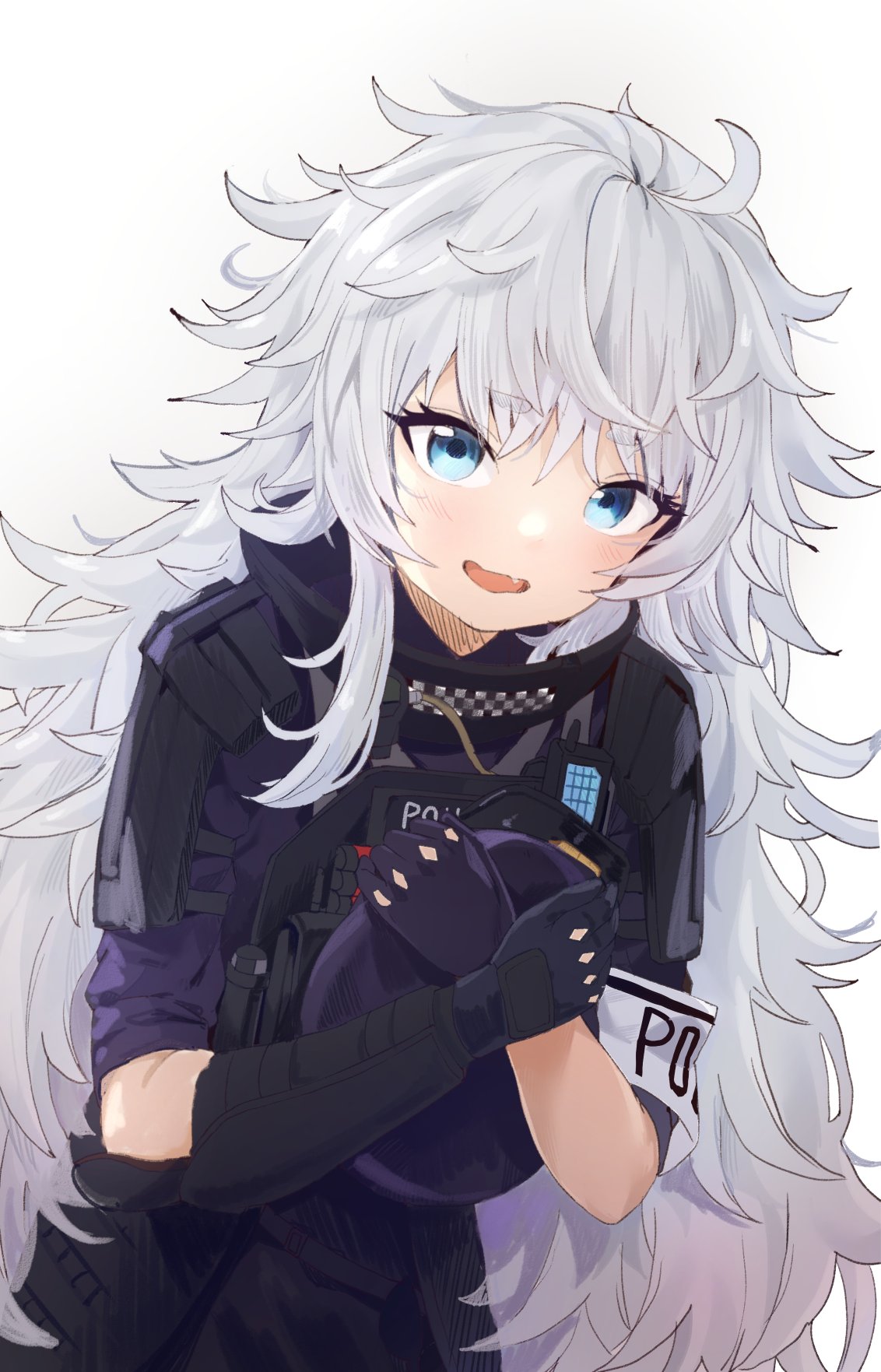 1girl, arm_guards, armband, armor, black_gloves, blue_eyes, clothes_writing, crossed_arms