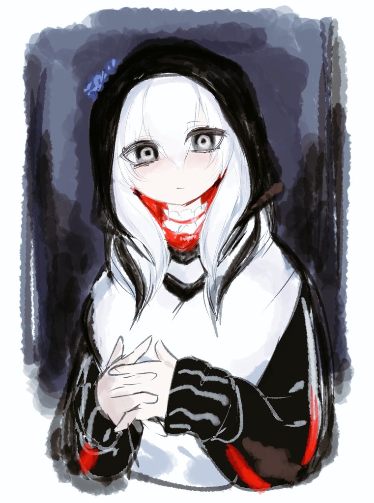 1girl, black_eyes, blush, closed_mouth, colored_skin, creepypasta, flower, hair_between_eyes