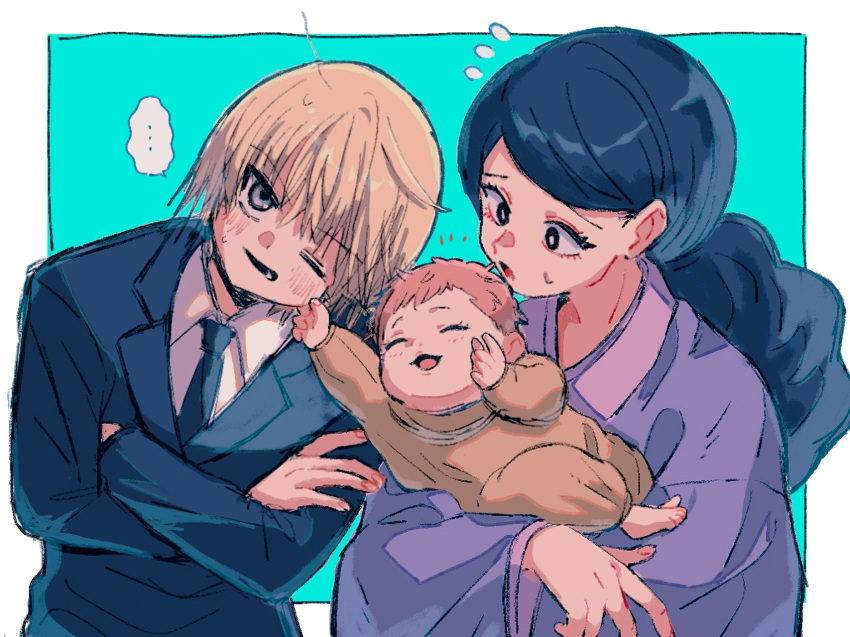 1boy, 2girls, baby, black_eyes, black_hair, black_suit, blonde_hair, blue_background