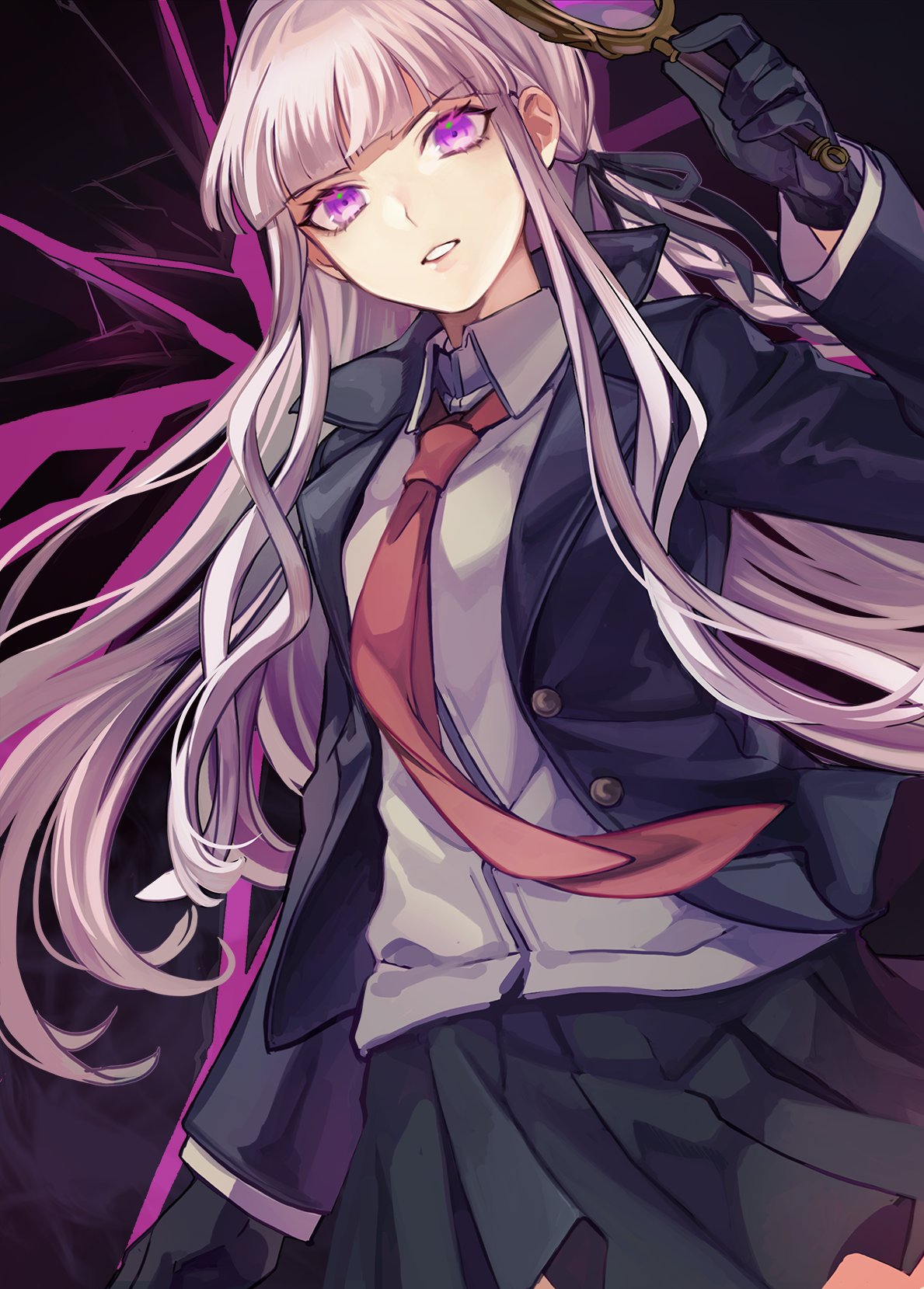 1girl, black_gloves, black_ribbon, braid, breasts, brown_necktie, collared_shirt, danganronpa:_trigger_happy_havoc, danganronpa_(series), gloves, hair_ornament, hair_ribbon, highres, holding, holding_magnifying_glass, jacket, kirigiri_kyouko, long_hair, long_sleeves, looking_at_viewer, magnifying_glass, necktie, purple_hair, ribbon, senzoku_senri, shirt, side_braid, single_braid, skirt, smile, solo, violet_eyes, white_shirt