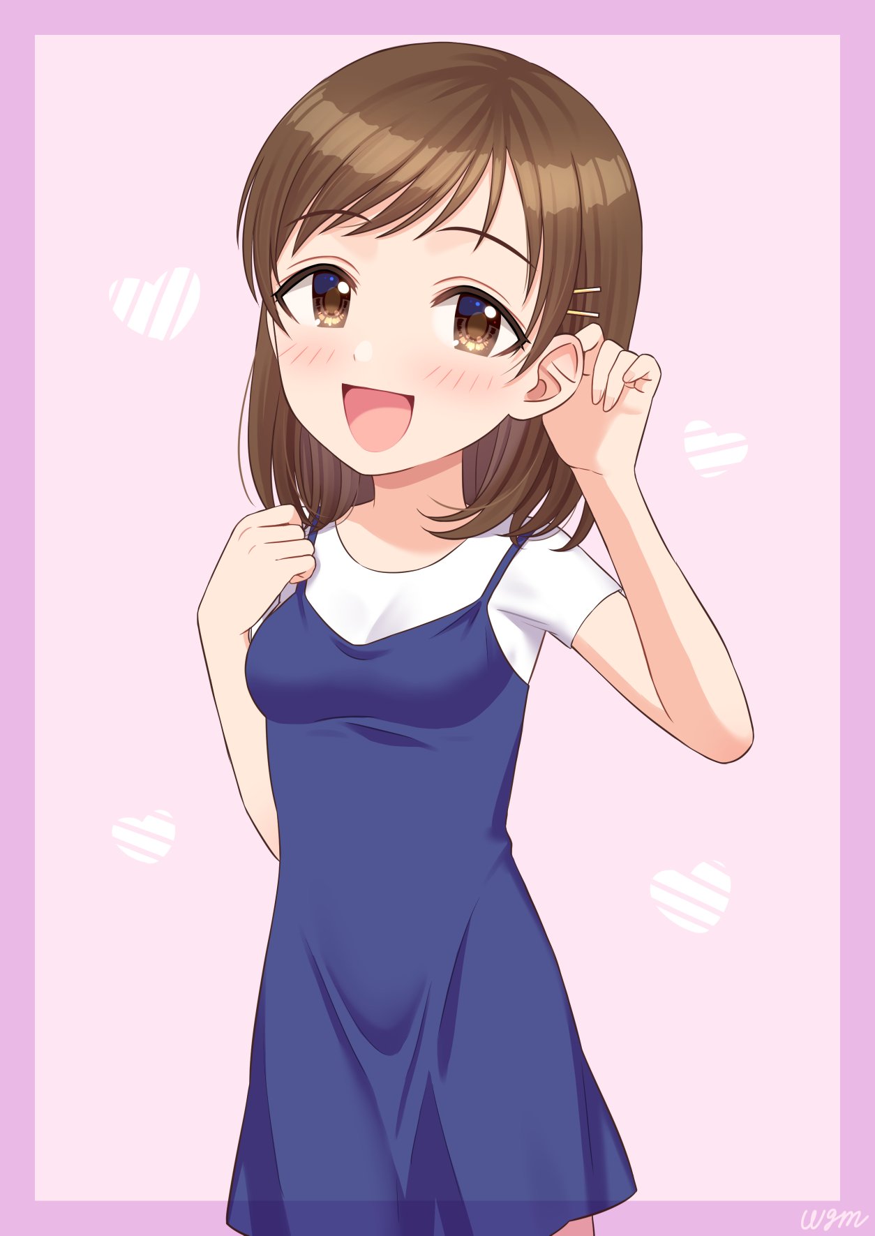 1girl, adjusting_hair, aged_down, blue_dress, blush, breasts, brown_eyes, brown_hair