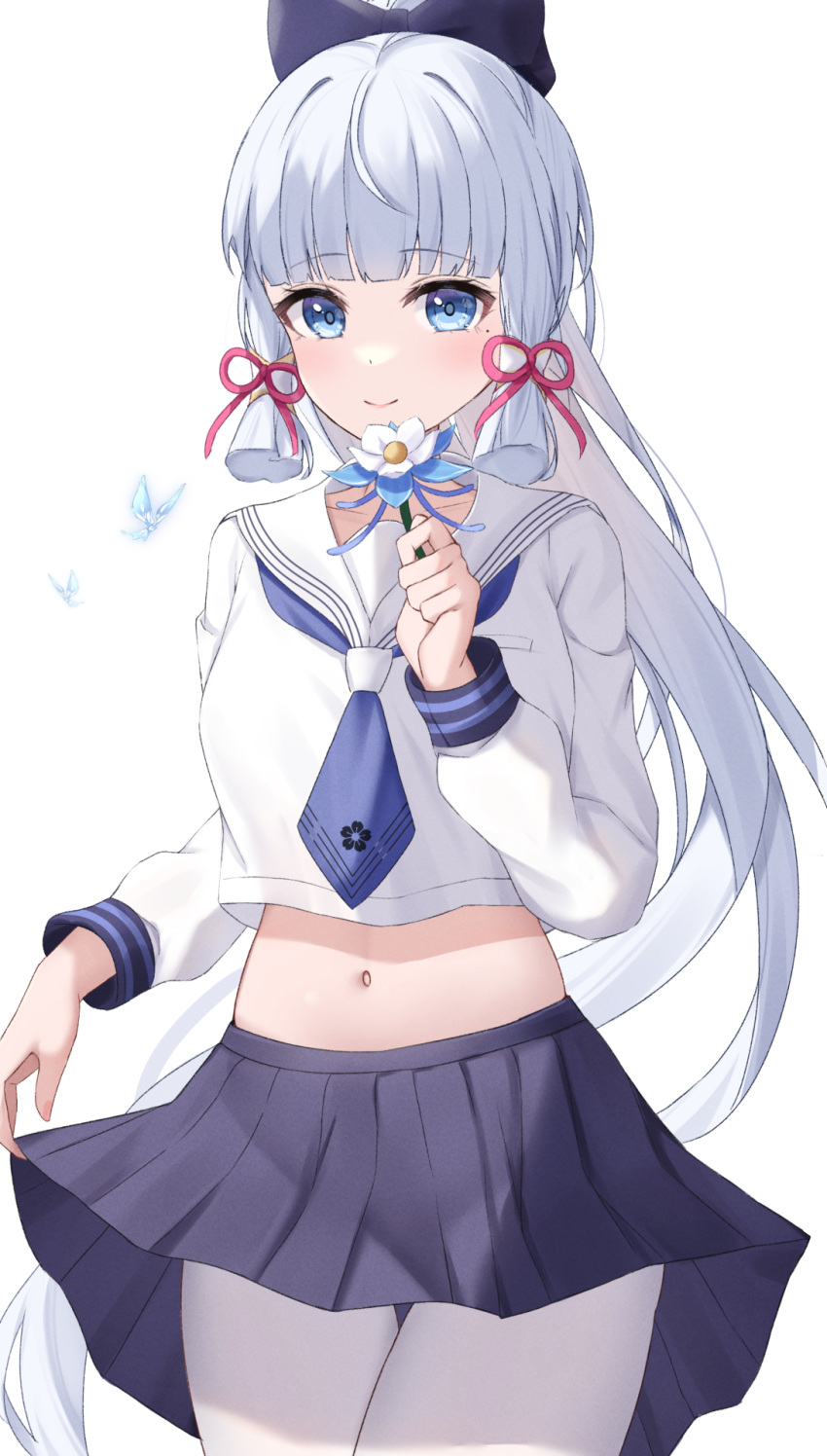 1girl, alternate_costume, black_bow, black_skirt, blue_eyes, blue_necktie, blunt_bangs, blush