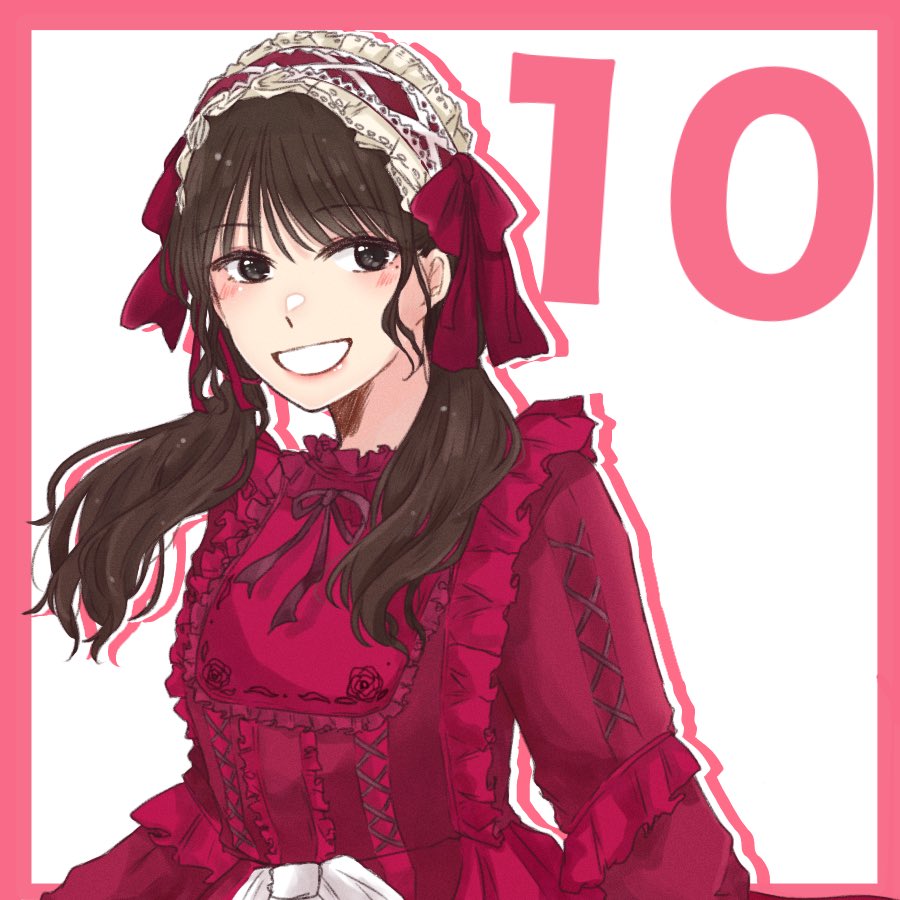 1girl, :d, arms_at_sides, border, bow, bow_hairband, brown_eyes, brown_hair