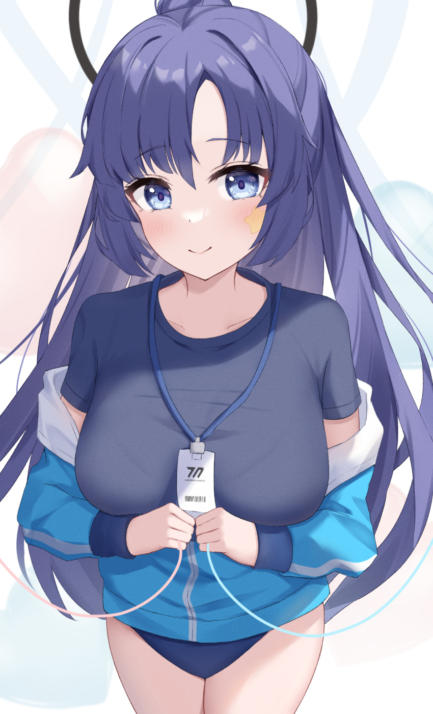 1girl, barcode, black_shirt, blue_archive, blue_buruma, blue_eyes, blue_hair, blue_jacket