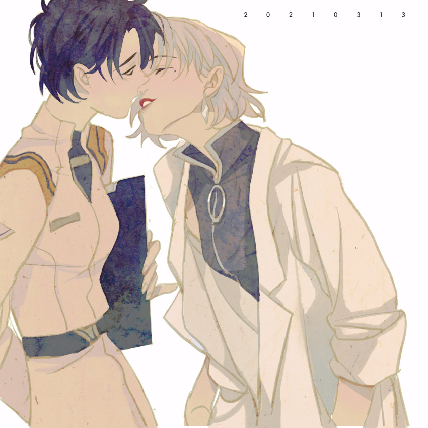 2girls, akagi_ritsuko, arm_behind_back, clipboard, closed_eyes, commentary, earrings, highres