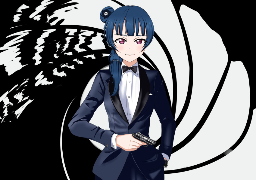1girl, black_background, blue_hair, bow, bowtie, cosplay, cowboy_shot, gun