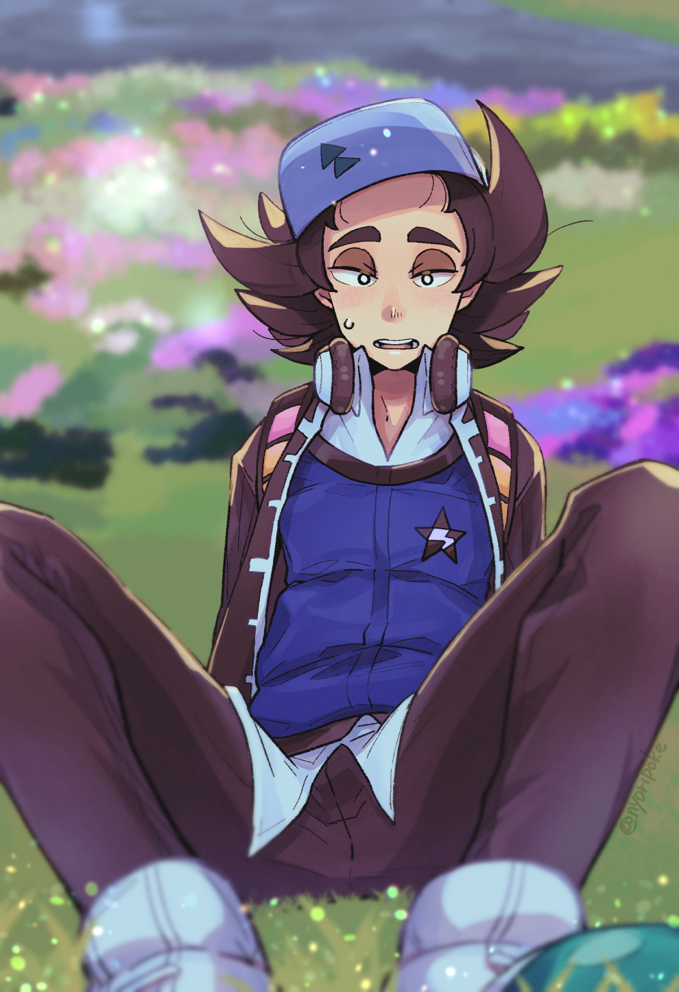 1boy, black_eyes, blue_vest, blurry, bright_pupils, brown_hair, brown_jacket, brown_pants