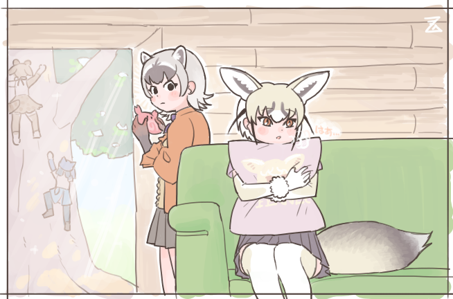 4girls, animal_ears, black_skirt, blonde_hair, bow, bowtie, climbing_tree, crab-eating_raccoon_(kemono_friends)