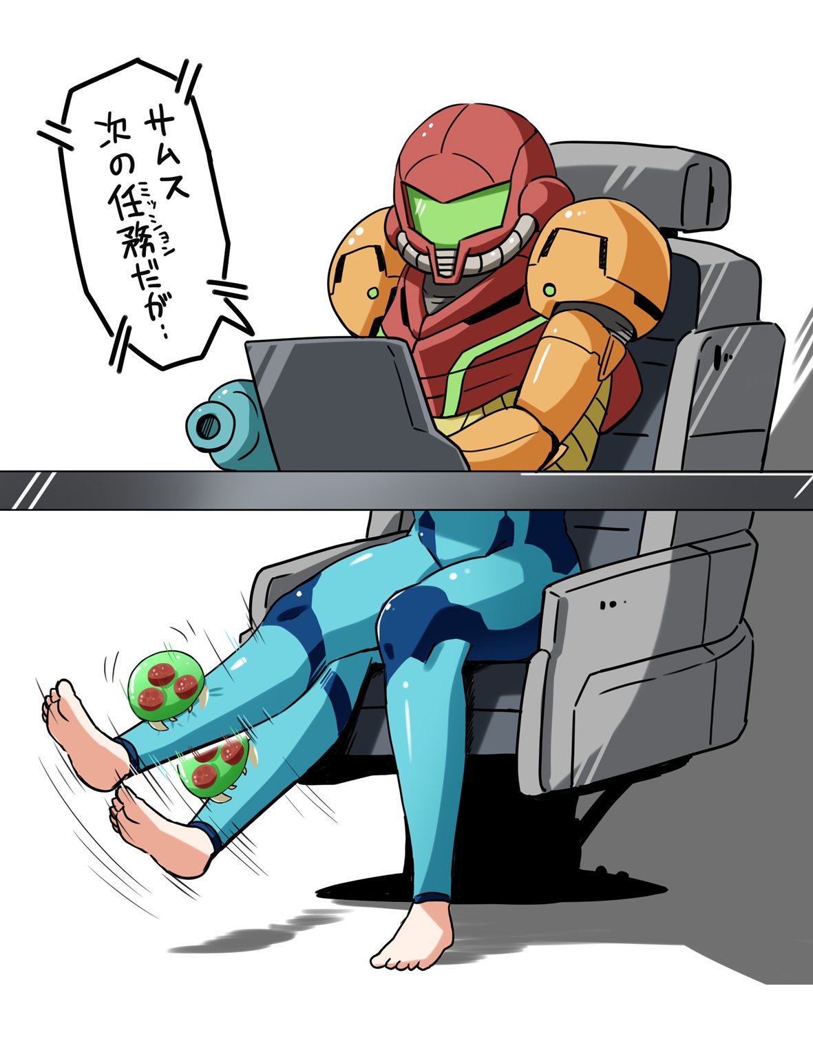 1girl, arm_cannon, barefoot, helmet, highres, kitayama_miuki, metroid, metroid_(creature)