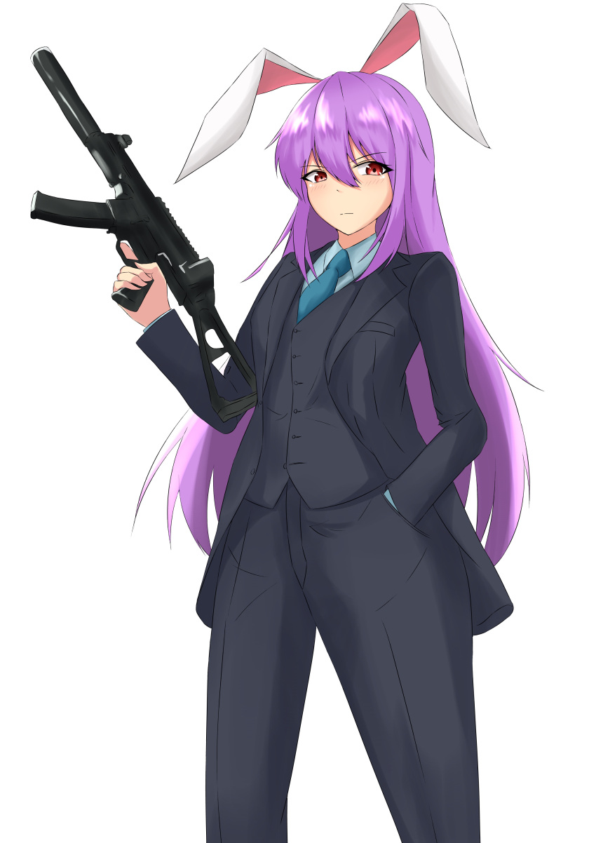 1girl, absurdres, animal_ears, black_jacket, black_pants, black_vest, casino_royale, cosplay, cowboy_shot, formal, gun, h&amp;k_ump9, highres, hiuyec, imperishable_night, jacket, james_bond, james_bond_(cosplay), james_bond_(series), necktie, pants, purple_hair, rabbit, rabbit_ears, reisen_udongein_inaba, simple_background, suit, touhou, vest, weapon, white_background