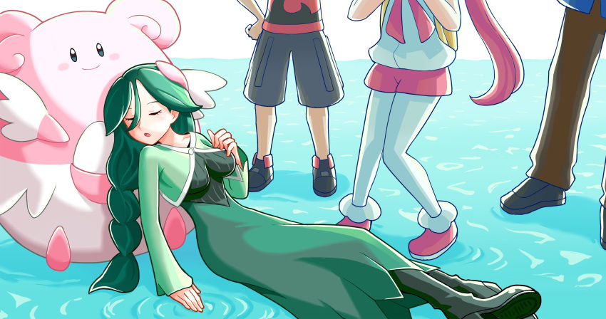 2boys, 2girls, backpack, bag, blissey, blue_jacket, boots, braid