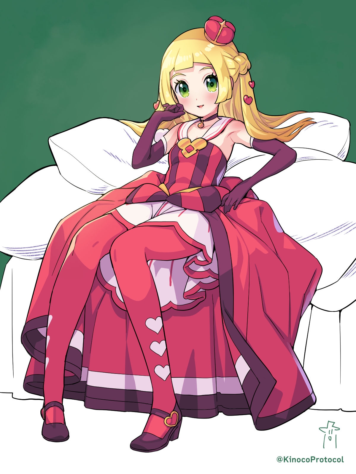 1girl, bare_shoulders, blonde_hair, blunt_bangs, blush, braid, commentary_request, cosplay, crown, cushion, dress, elbow_gloves, eyelashes, gloves, green_background, green_eyes, hair_ornament, highres, kinocopro, lillie_(pokemon), long_hair, looking_at_viewer, mini_crown, open_mouth, pantyhose, pigeon-toed, pokemon, pokemon_(game), pokemon_masters_ex, pokemon_sm, reclining, shoes, sitting, smile, solo, sonia_(pokemon), sonia_(pokemon)_(cosplay), sonia_(special_costume)_(pokemon), twitter_username, watermark