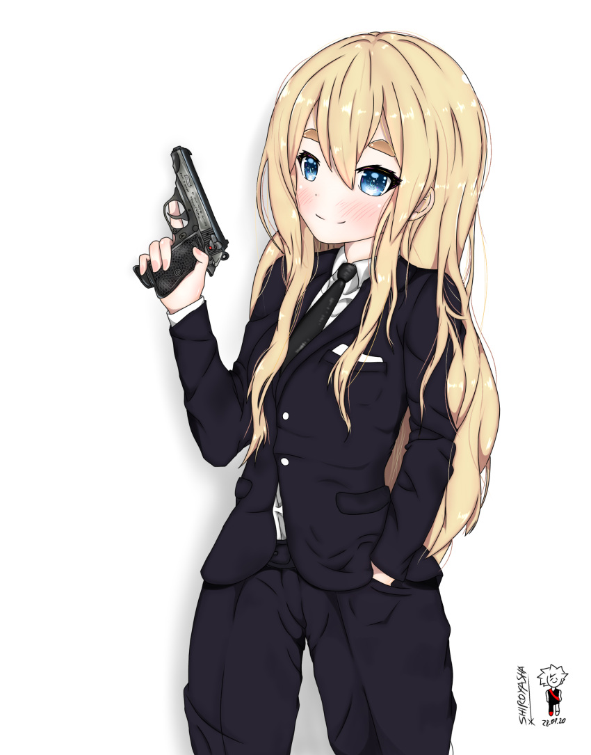 1girl, absurdres, black_jacket, black_pants, blonde_hair, blue_eyes, cosplay, cowboy_shot