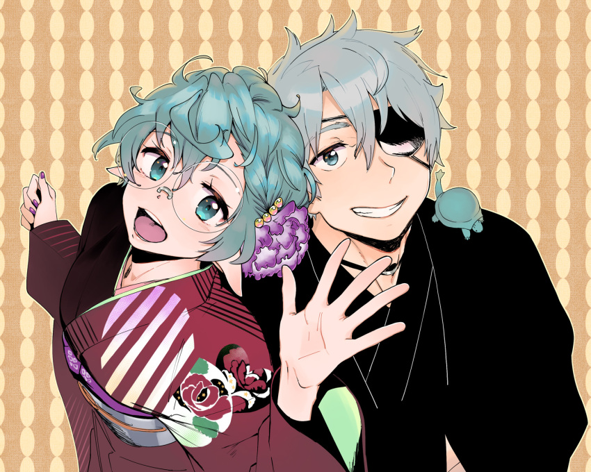 1boy, 1girl, :d, black_eyes, black_kimono, eyepatch, flower, glasses, green_eyes, green_hair, greyscale, grin, hair_flower, hair_ornament, highres, japanese_clothes, kimono, long_sleeves, looking_at_viewer, monochrome, natto_soup, open_mouth, pandoria_(xenoblade), pink_flower, red_kimono, smile, teeth, turters_(xenoblade), turtle, xenoblade_chronicles_(series), xenoblade_chronicles_2, zeke_von_genbu_(xenoblade)