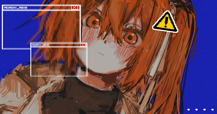 1girl, a.i._voice, adachi_rei, black_shirt, blue_background, blush, character_name, dutch_angle