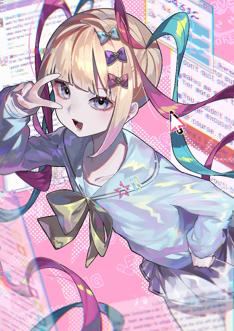 1girl, blonde_hair, blue_bow, blue_eyes, blue_hair, blue_nails, blue_shirt, bow