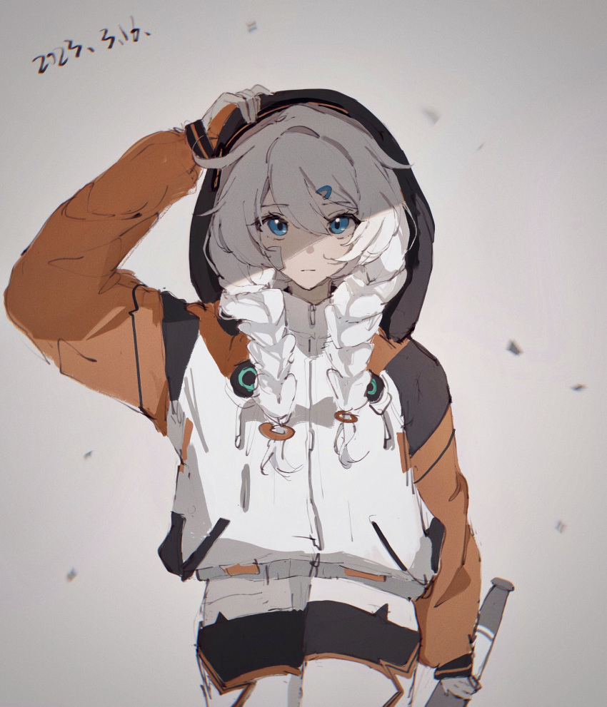 1girl, 2023, ahoge, baseball_bat, black_hoodie, blue_eyes, braid, chinese_commentary