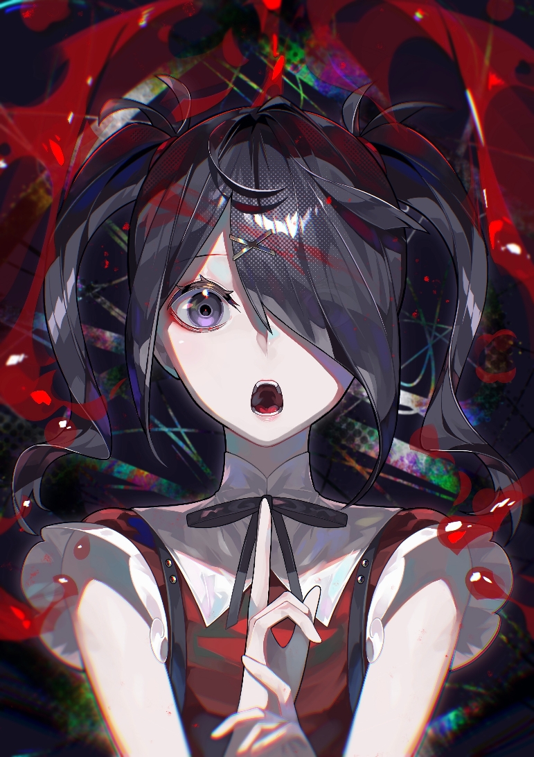 1girl, ame-chan_(needy_girl_overdose), black_eyes, black_hair, black_ribbon, blood, blood_spray, collar