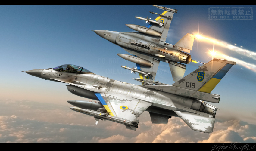 aircraft, airplane, blue_sky, canopy_(aircraft), clouds, f-16_fighting_falcon, fighter_jet, flare, highres, jet, letterboxed, military, military_vehicle, no_humans, original, russo-ukrainian_war, sketch, sky, ukraine, zephyr164