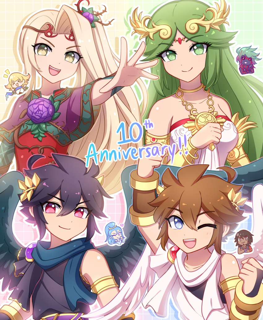 angel, angel_wings, anniversary, bare_shoulders, black_hair, black_wings, blonde_hair, blue_eyes, brown_hair, clenched_hands, collarbone, dark_pit, enni, feathered_wings, feathers, flower, forehead_jewel, green_eyes, hades_(kid_icarus), heart, highres, inset, jewelry, kid_icarus, kid_icarus_uprising, laurel_crown, looking_at_viewer, multiple_boys, multiple_girls, one_eye_closed, open_mouth, outstretched_arm, palutena, pandora_(kid_icarus), pendant, phosphora, pit_(kid_icarus), ponytail, purple_flower, red_eyes, siblings, smile, twins, upper_body, v-shaped_eyebrows, viridi, wings