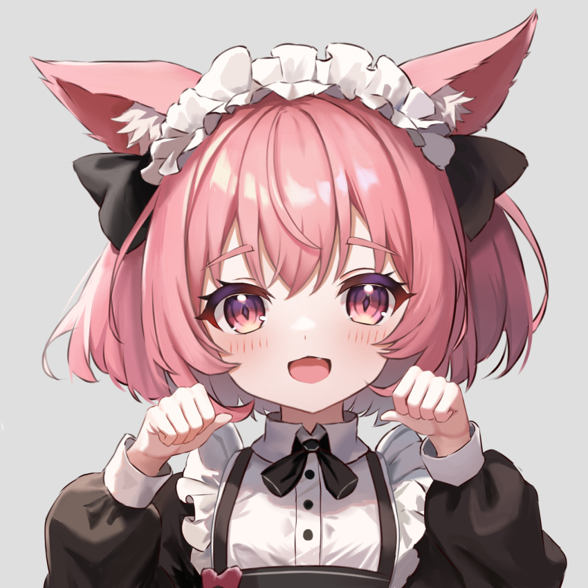 1girl, :d, animal_ear_fluff, black_bow, black_dress, blush, bow, collared_dress