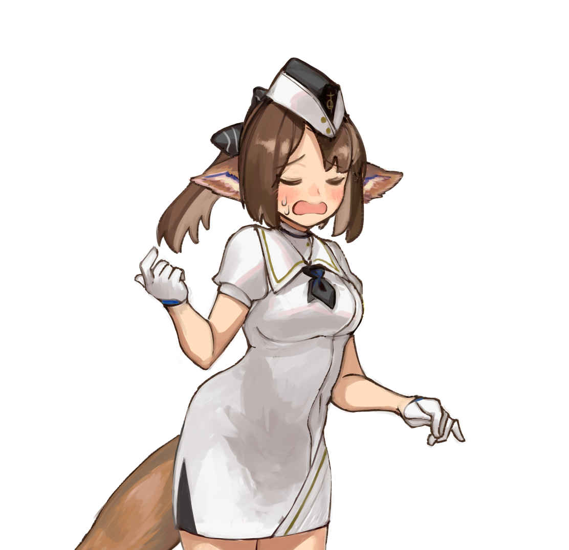 1girl, animal_ear_fluff, animal_ears, arknights, black_headwear, blue_archive, blush, breasts, brown_eyes, brown_hair, chocolatice, closed_eyes, collared_dress, cowboy_shot, dress, facing_viewer, garrison_cap, gloves, hand_up, hat, medium_breasts, open_mouth, parted_bangs, perfumer_(arknights), ponytail, puffy_short_sleeves, puffy_sleeves, short_sleeves, simple_background, solo, sweat, wavy_mouth, white_background, white_dress, white_gloves