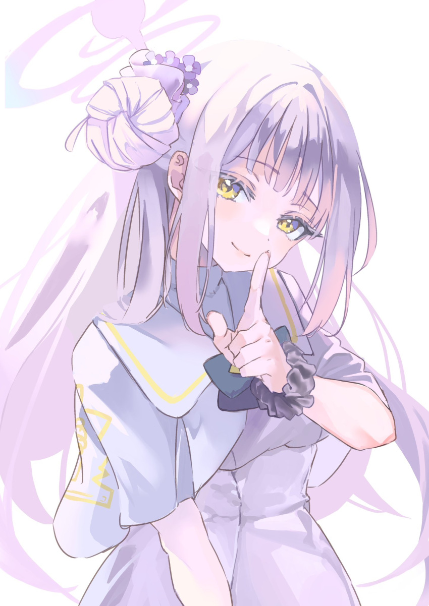 1girl, black_bow, black_bowtie, blue_archive, blunt_bangs, bow, bowtie, capelet, closed_mouth, commentary_request, dot_nose, dress, finger_to_mouth, flower, hair_bun, hair_flower, hair_ornament, hair_ribbon, halo, hand_up, head_tilt, high_collar, highres, long_hair, michikusa_(bells_michi), mika_(blue_archive), pink_hair, purple_flower, purple_ribbon, ribbon, scrunchie, shushing, sideways_glance, simple_background, single_side_bun, sleeveless, sleeveless_dress, smile, solo, upper_body, white_background, white_capelet, white_dress, wrist_scrunchie, yellow_eyes